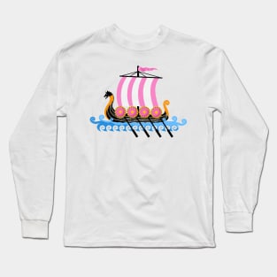 Cute Pink Viking Ship Cartoon Vector Illustration Long Sleeve T-Shirt